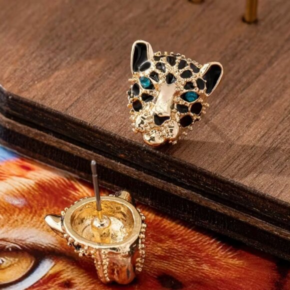 Gold Plate Rhinestone Leopard Cat Stud Post Earrings - NEW - Picture 1 of 2